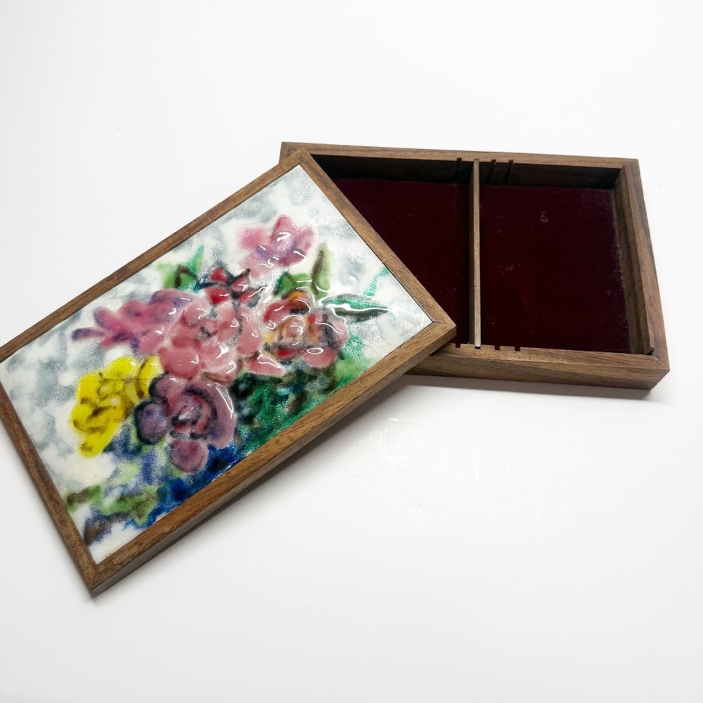 Vintage Floral Fused Art Glass Top Wood Trinket Box